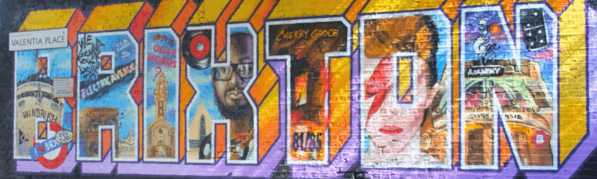A colorful mural on the side of a building.