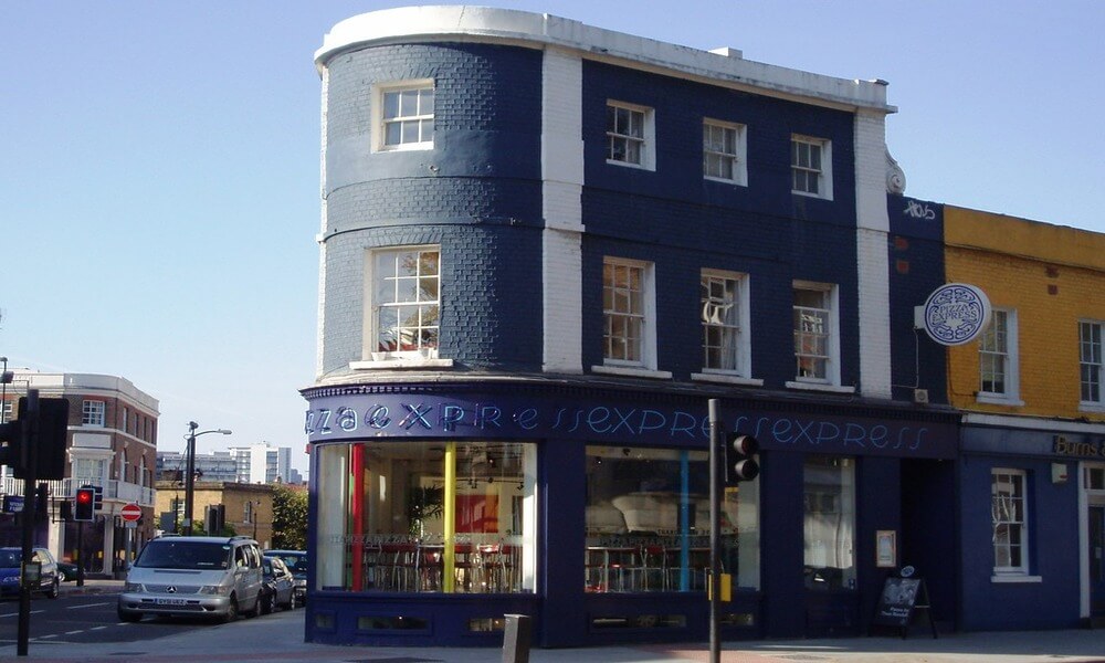 A blue and white building.