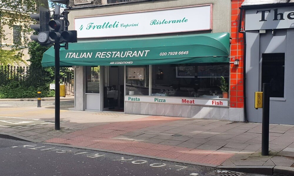 Italian restaurant, street corner.