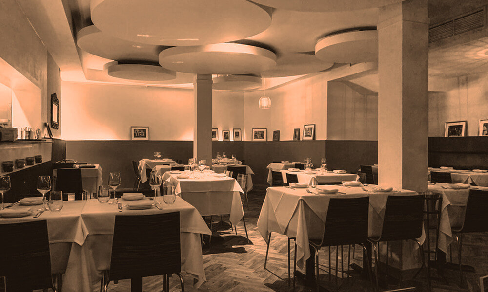 black and white photo, restaurant