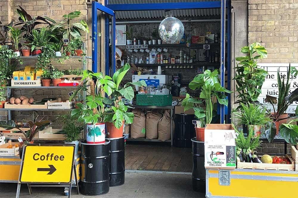 A store with a lot of potted plants and a coffee sign.