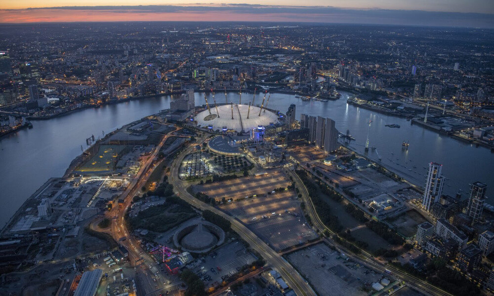 An aerial view of london at dusk.