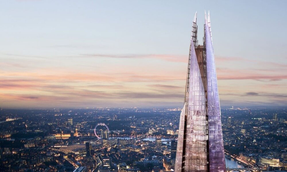 The shard tower in london at dusk.