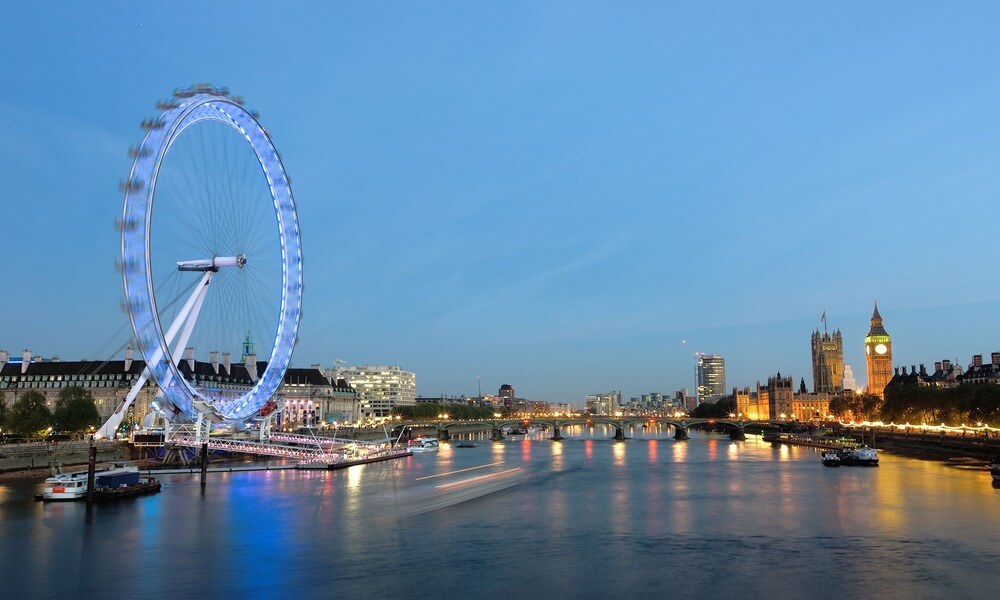 The london eye and the river thames at dusk.