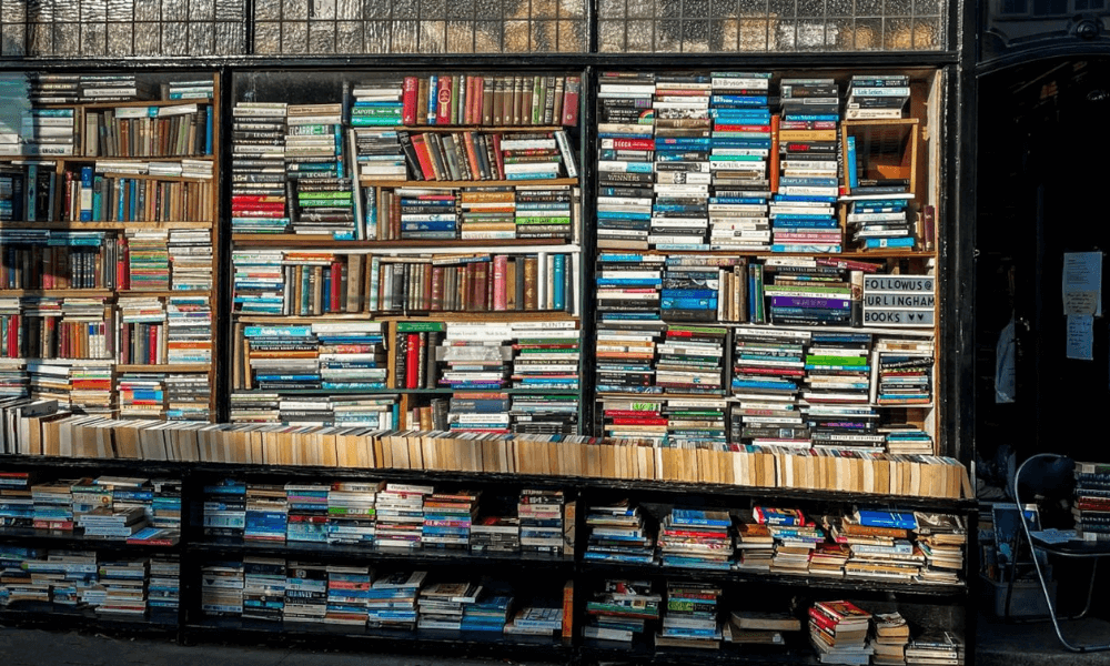 A book store with a lot of books on display.