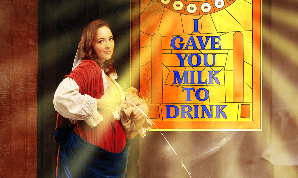 Woman in renaissance-style clothing standing beside a colorful stained glass window with the phrase "i gave you milk to drink" written on it.