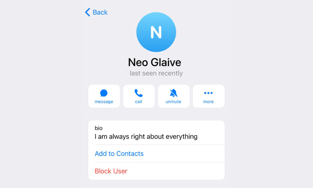 User profile interface displaying the contact 'neo glavie' with options to message, call, unmute, and more, featuring a bio stating "i am always right about everything.