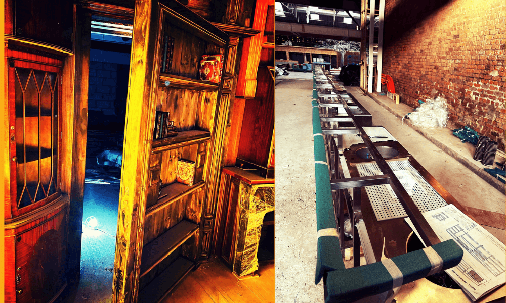 Split image: left shows wooden antique furniture stacked, right depicts a row of disassembled theater seats in a warehouse with brick walls.
