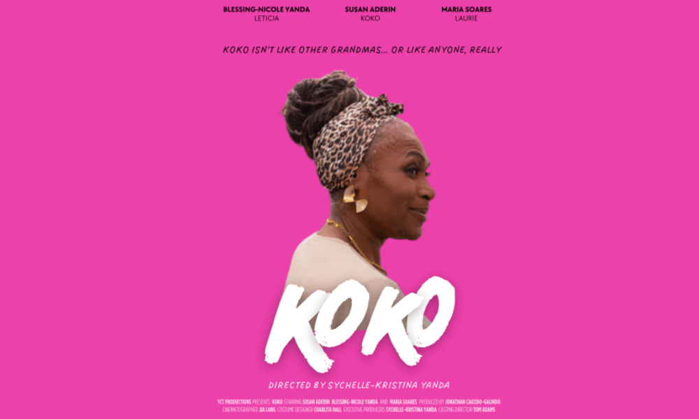 Promotional poster for the film "koko," featuring a smiling elderly black woman in profile with a headscarf, against a pink background, along with cast names and the director's credit.