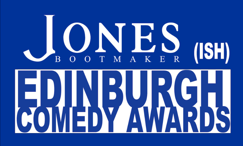 Logo of the "jones bootmaker (ish) edinburgh comedy awards" in white text on a blue background.